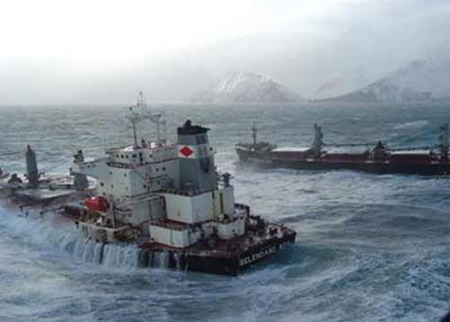 Cargo vessel M/V Selendang Ayu shown near Unalaska Island before running aground and breaking in half.