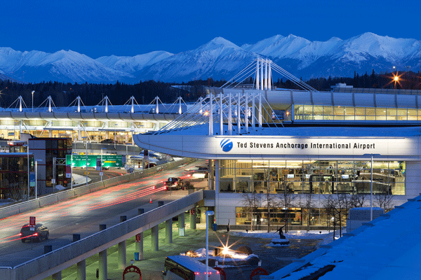 Night view of Anchorage Airport Front ramp. By Dave Krause, Alaska DOT&PF